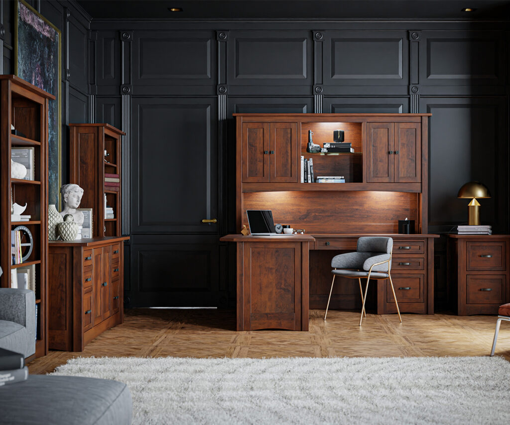 Home office setup featured in a home office productivity guide with solid wood furniture and shelving.