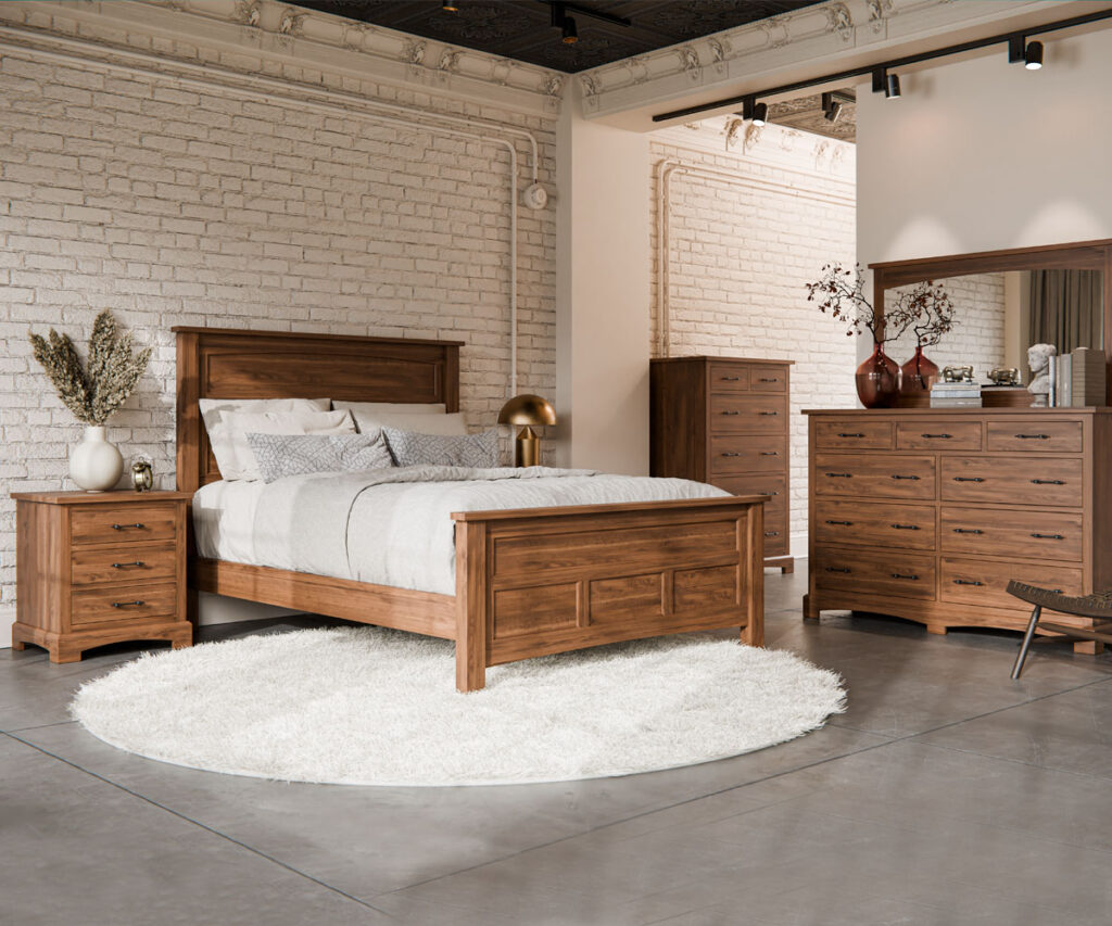 Solid wood bedroom furniture set with bed, dresser, and nightstand.