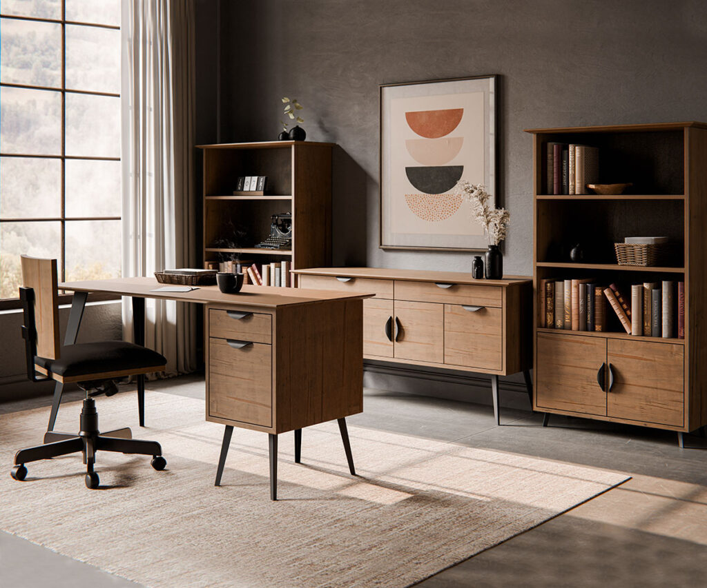 A stylish and modern office space featuring a wooden desk with sleek black legs, a matching bookshelf, and a cabinet with minimalist handles. The room is softly lit with natural light from large windows, and the décor includes books, framed artwork, and decorative vases, all set against a gray wall and a neutral rug. Caption Text: Contemporary home office setup with wooden furniture, featuring a desk, bookshelf, and storage cabinet in a sleek, minimalist design. Description Text: This modern office setup includes a wooden desk with black metal legs, a complementary bookshelf, and a matching storage cabinet. Natural light floods the room through large windows, highlighting the soft color palette of neutral tones and minimalist décor. The space is designed for productivity and style, with clean lines, warm wood textures, and artistic elements that enhance the cozy yet professional environment.