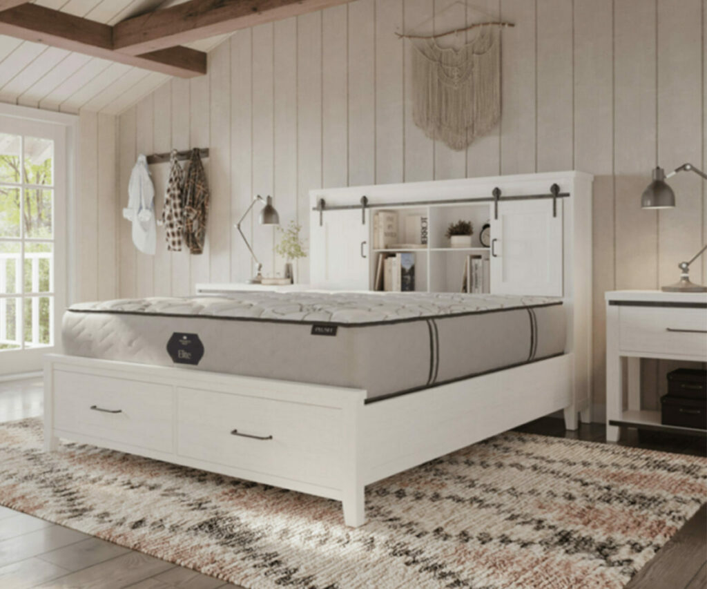 White farmhouse bedroom furniture set with storage bed and nightstand.