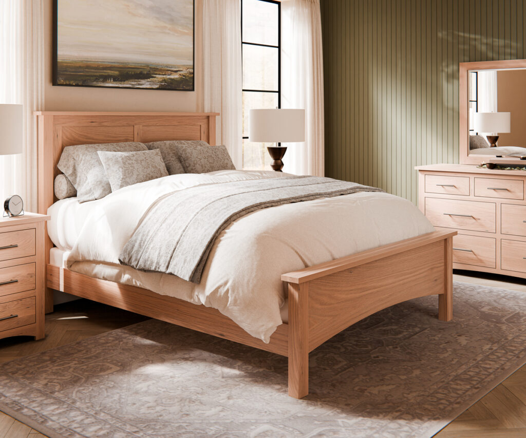Solid wood bedroom furniture set with bed, nightstand, and dresser.