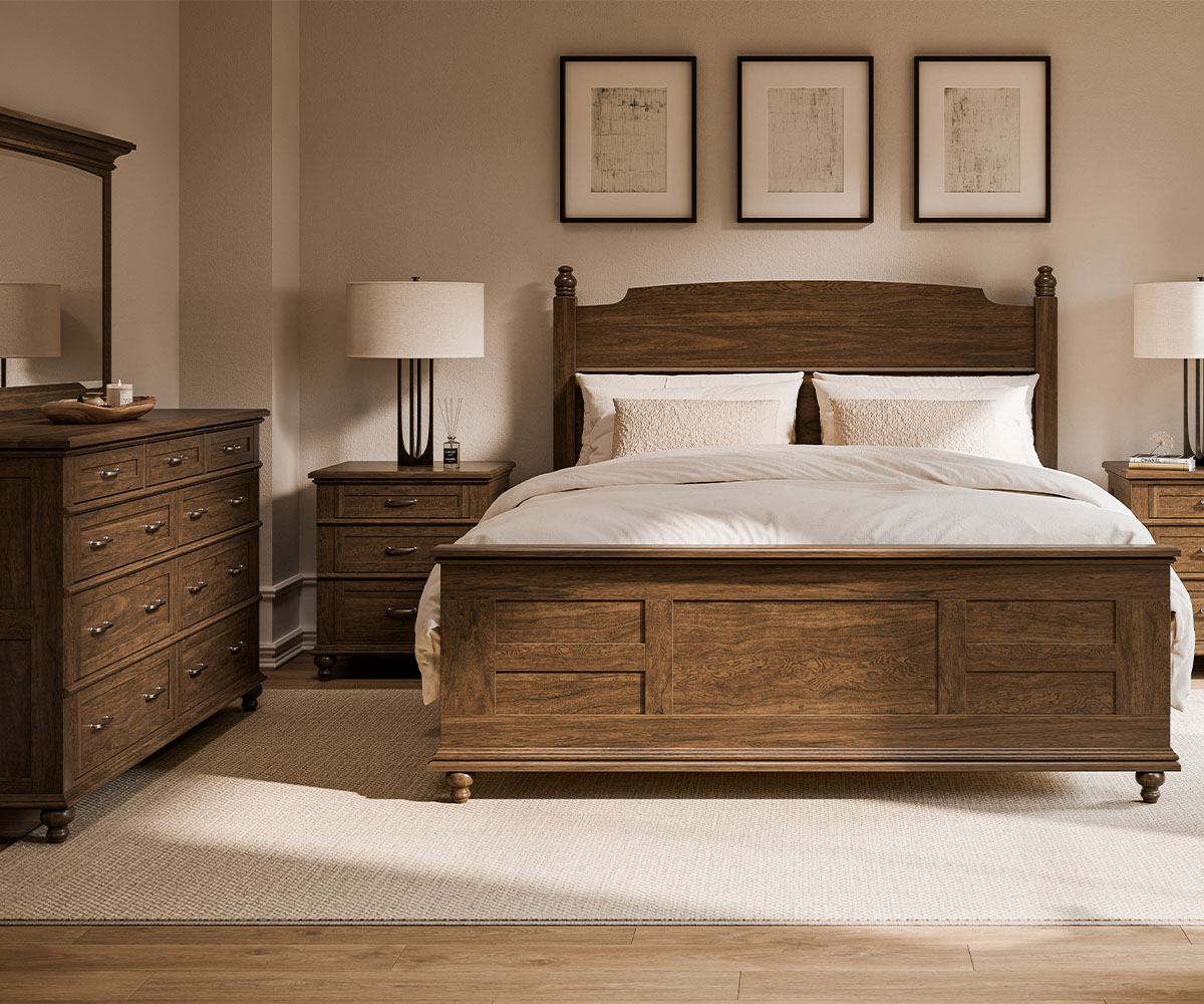 Minimalist bedroom furniture set with solid wood bed, nightstands, dresser, and neutral bedding.