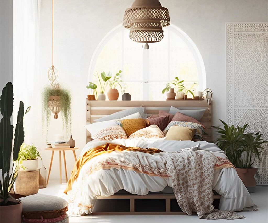 Boho chic bedroom with low bed, layered pillows, rattan pendant, and lush houseplants.