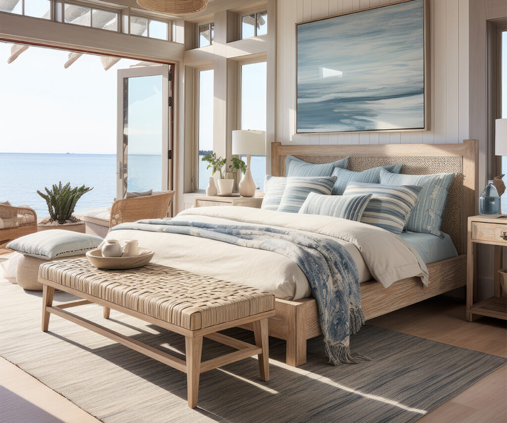 Coastal airy bedroom with ocean view, light wood bed, blue striped pillows, and woven bench.