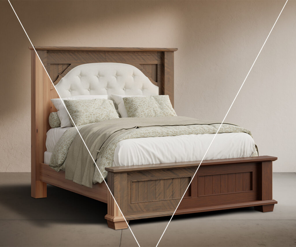 Custom Amish quality furniture bed with upholstered headboard and solid wood frame.